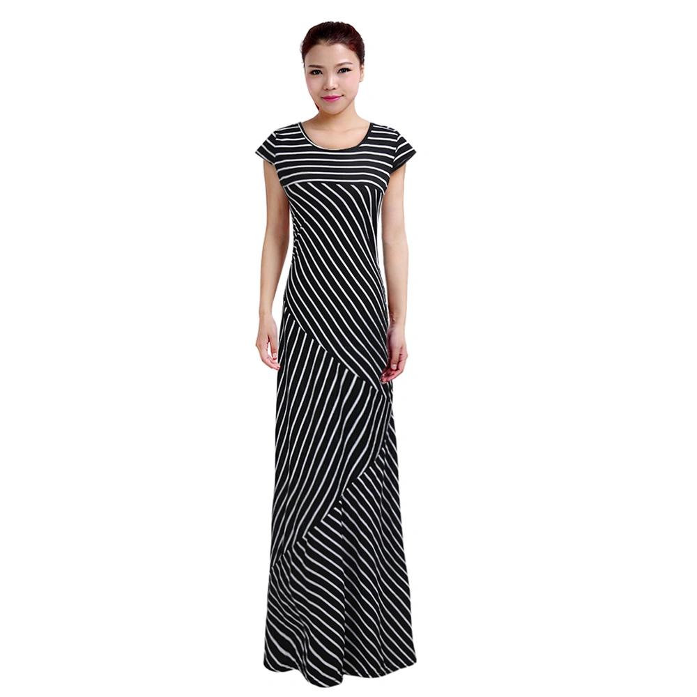 Women Long Dress Short Sleeve Striped Patterns Round Neck Casual Dress