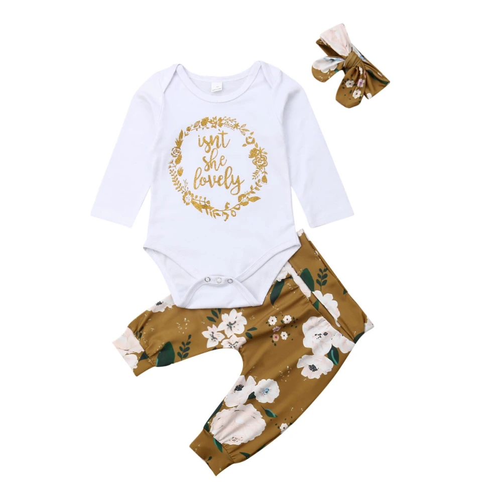 Baby Girl's White Letter Wreath Print Romper + Floral Pants + Headband