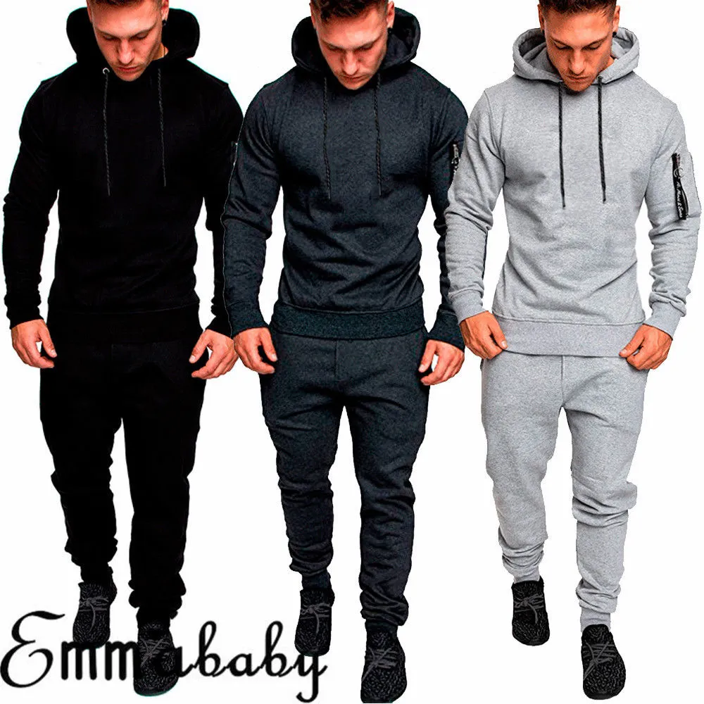 Men Sports Set, Solid Color Hoodie Zip Tops, Long Loose Pants Suit