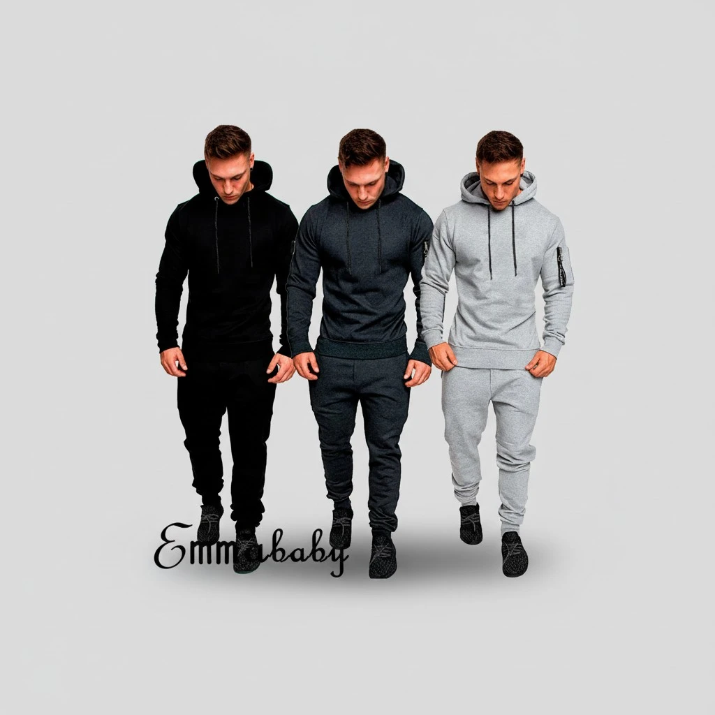 Men Sports Set, Solid Color Hoodie Zip Tops, Long Loose Pants Suit