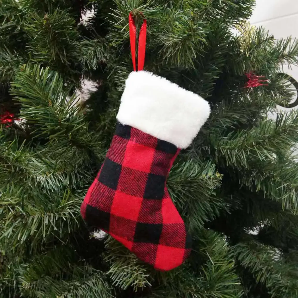 Christmas Socks, Plaid Stocking Candy Bag Decorations for Home Office