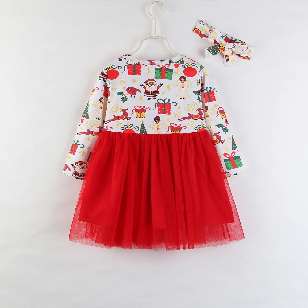 Girl's Long Sleeve Cartoon Print Mesh Patchwork Dress + Headband