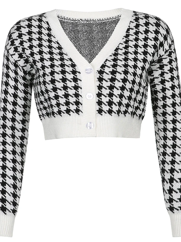 Female Crop Top, Houndstooth Print V-Neck Long Sleeve Coat Blouse