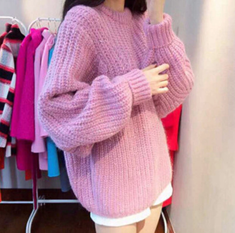 Women's Solid Color Knitwear, Full Sleeve Crocheted Thick Sweater