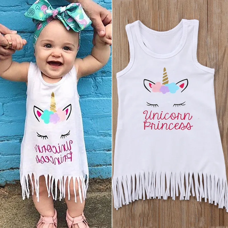 Girl's White Sleeveless Round Neck Letter & Unicorn Print Tassel Dress