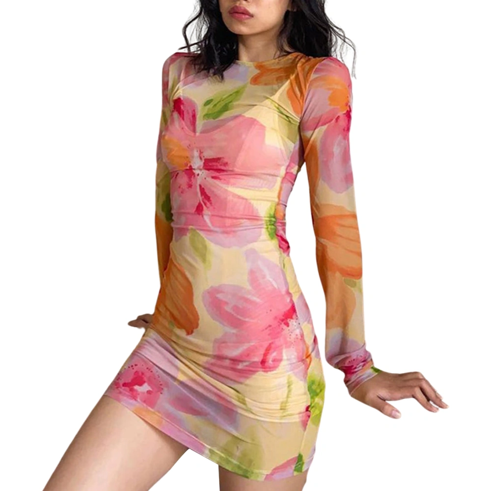 Women Floral Print Mini Dress, See Through High Waist Sundress