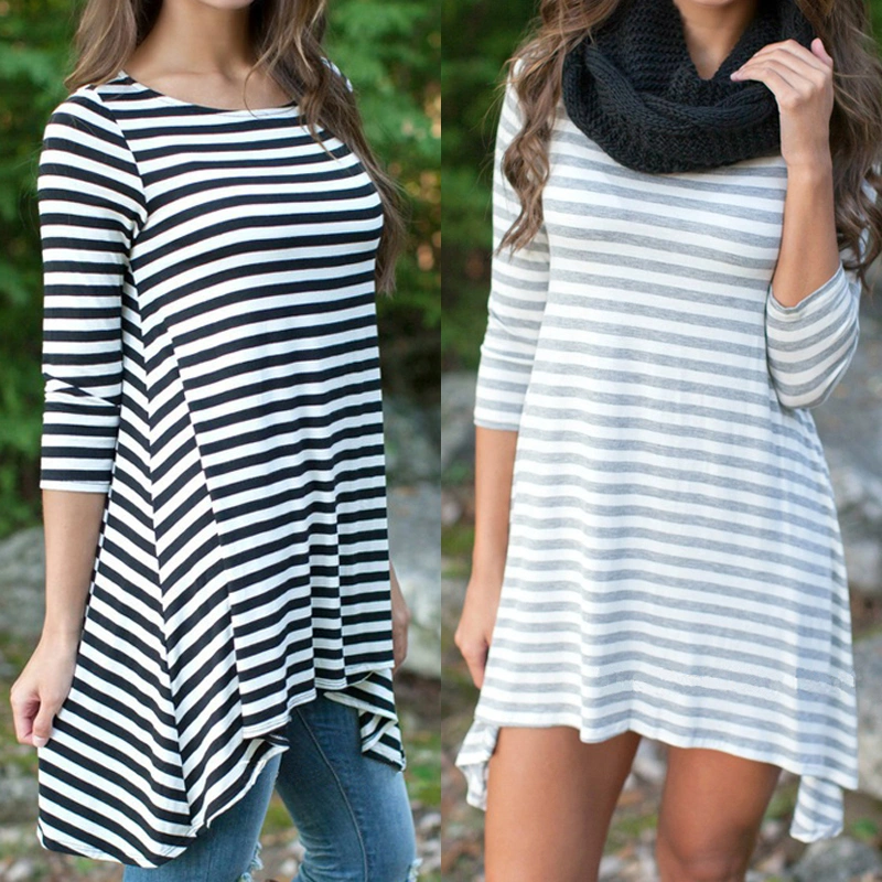 Women's Crew Neck Striped Dress, Asymmetric Hem Casual Beach Dress