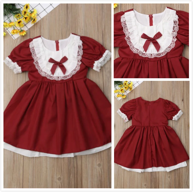 Baby Girl's Short Sleeve Dress Lace Ruffle Ribbon Collar Princess Dress