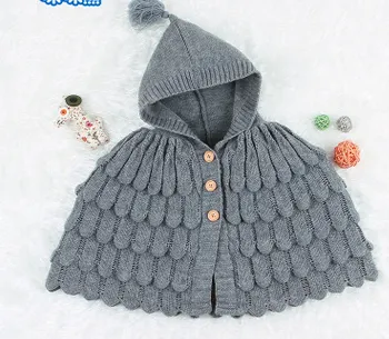 Baby Knitted Hooded Cloak, Button Feather Shape Solid Warm Coat