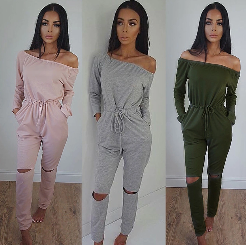 Women Off Shoulder Jumpsuit Solid Color Long Sleeve Long Playsuit