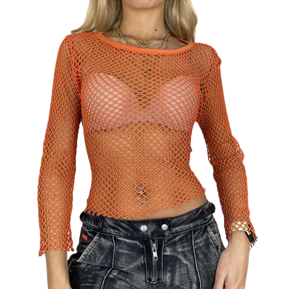 Women Summer Crop Tops Cut-out Diamond Fishnet Long Sleeve Pullovers