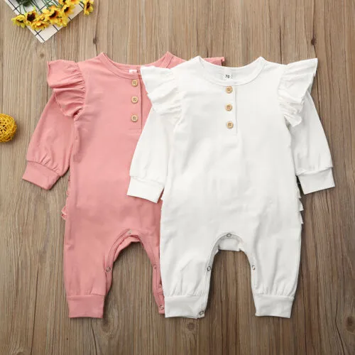 Girl's Solid Color One-piece Jumpsuit, Long Fly Sleeve Baby Romper