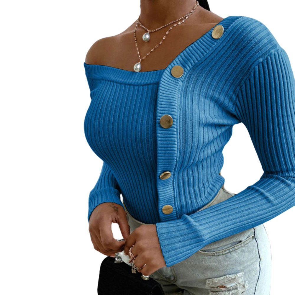 Woman's Sexy Knitted Ribbed Top, Long Sleeve Strapless Button Decoration Sweater