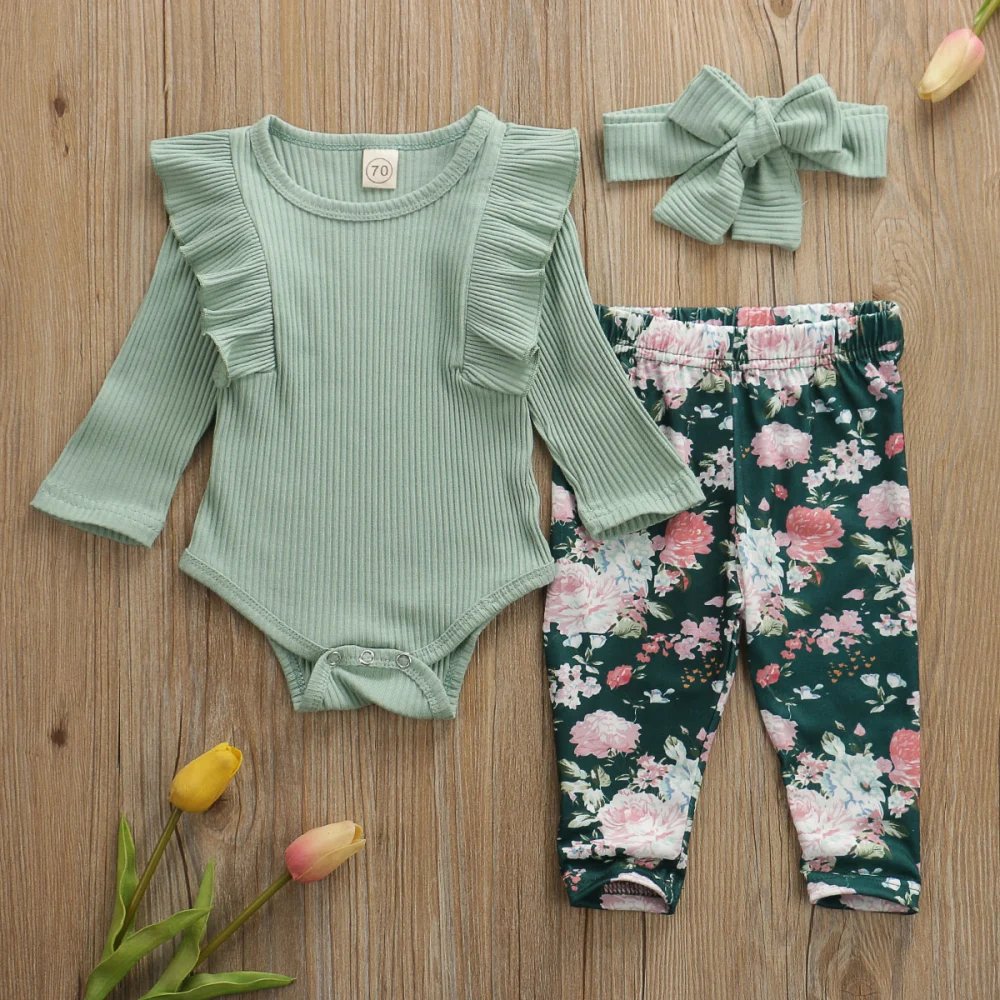 Baby Girls Clothes Set Long Sleeve Romper + Floral Trousers + Headband Outfits