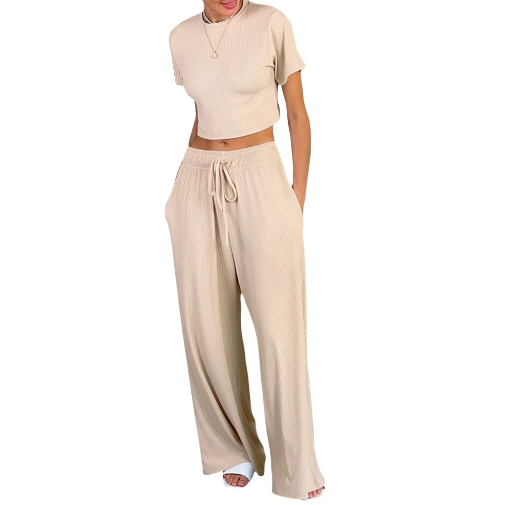 Women 2 Piece Pajamas Set Knitted Short Sleeve Tops and Elastic Pants