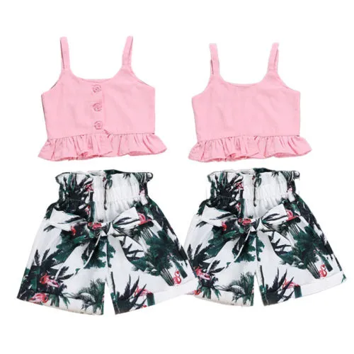 Baby Girls Rainforest Clothes Set Sleeveless Button Camisole + Flamingo Shorts