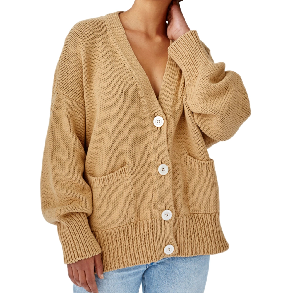 Ladies V-neck Knitwear, Solid Color Loose Long Sleeve Knitted Cardigan