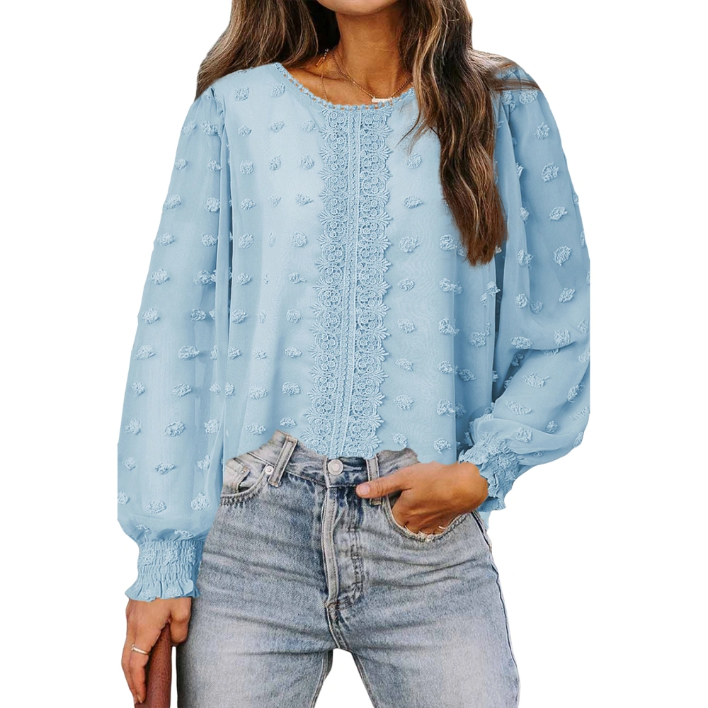 Female Solid Color Round Neck Long Balloon Sleeve Jacquard Tops