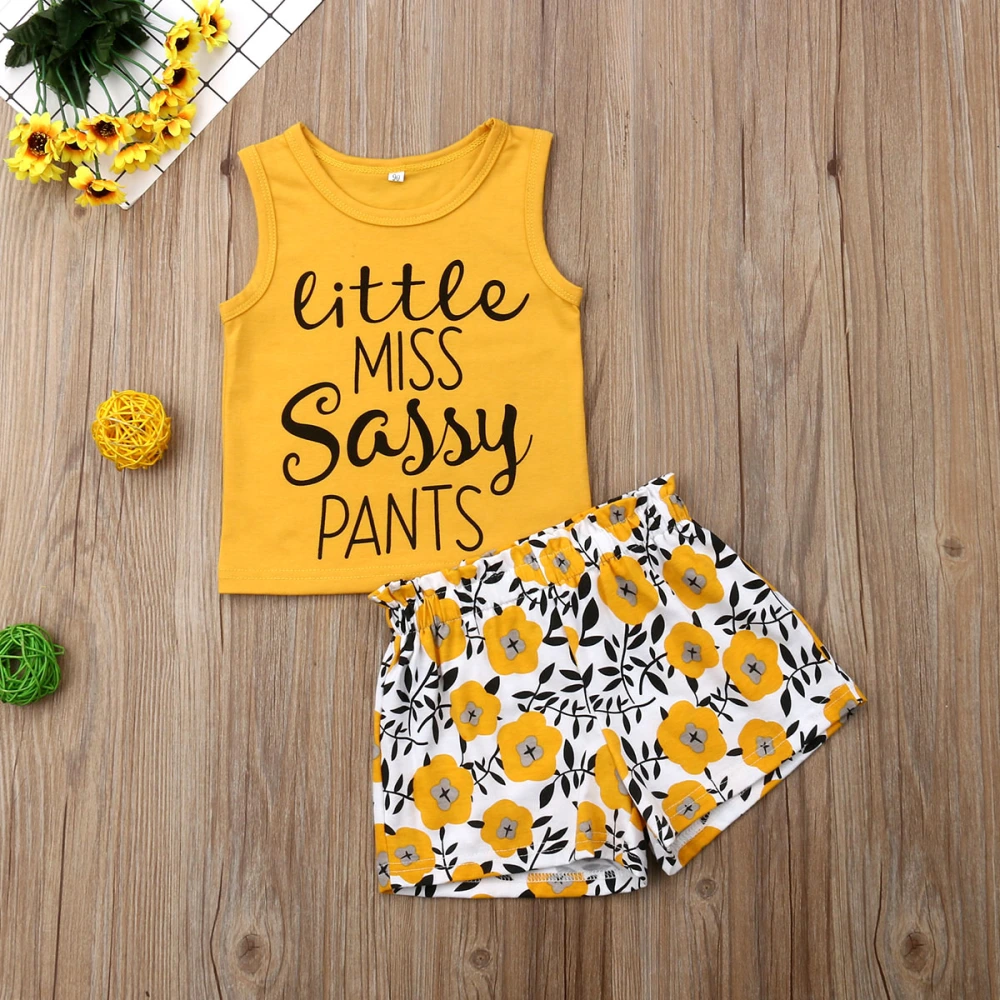 Baby Girls Summer Clothes Set Sleeveless Letter Print O-neck Vest+Floral Shorts