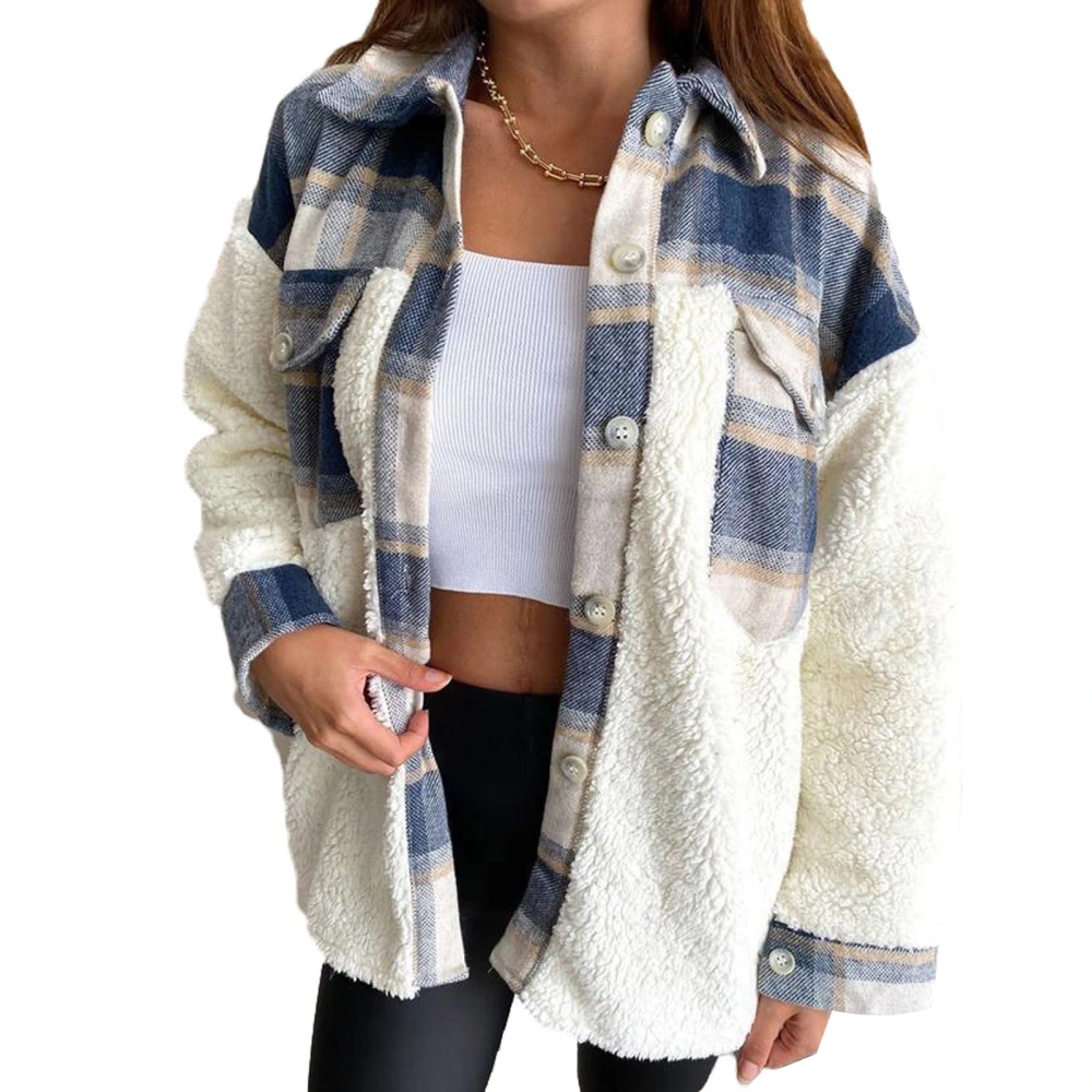 Women's Coat, Warm Long Sleeve Stitching Plaid Pocket Jacket for Vacation