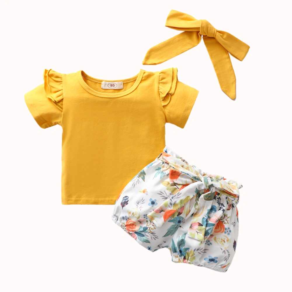 Summer Infant Baby Girls Suit, Solid Color Top+Bandage Shorts+Bow Headband