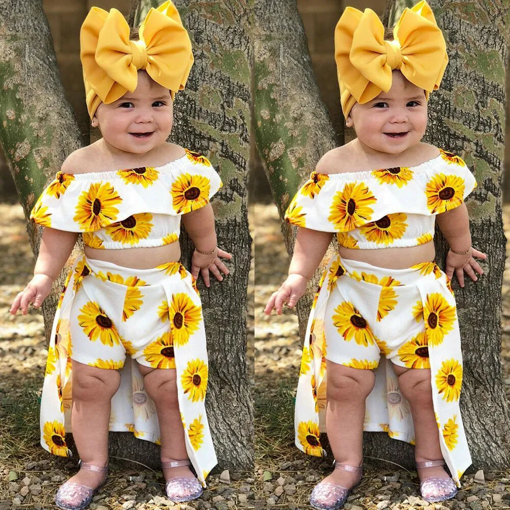 Baby Girl Off Shoulder Ruffle Halter Sunflower Tops + Floral Skirt + Headband