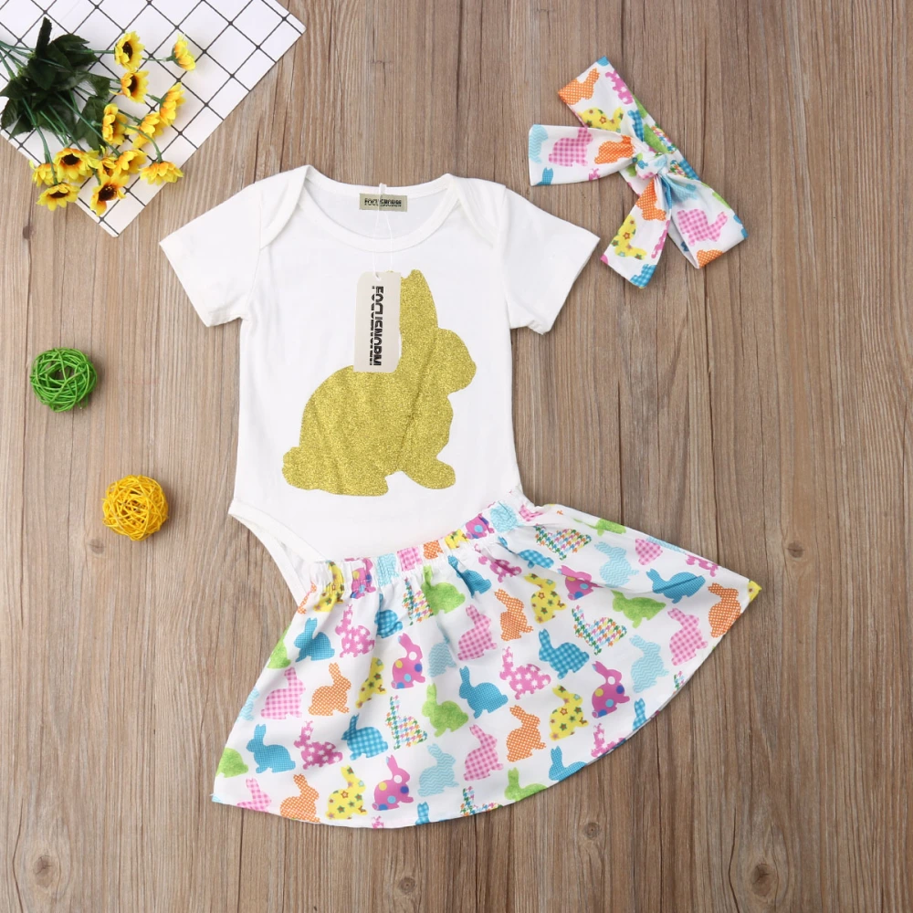 Infant Summer Suit, Bunny Short Sleeve Romper+Short Skirt+Headband