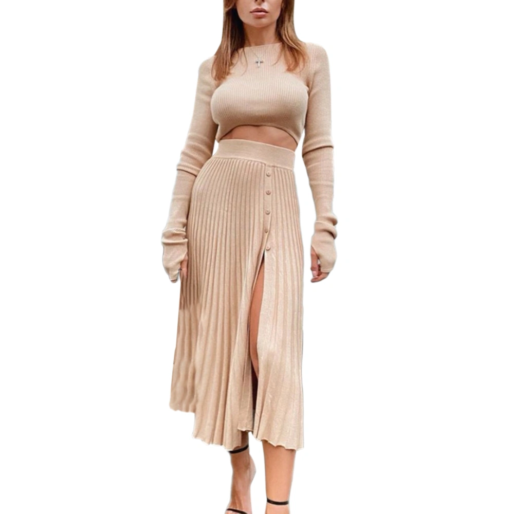 Women’s Knitted Long Sleeve Cropped Tops and Split Pleated Skirt Set