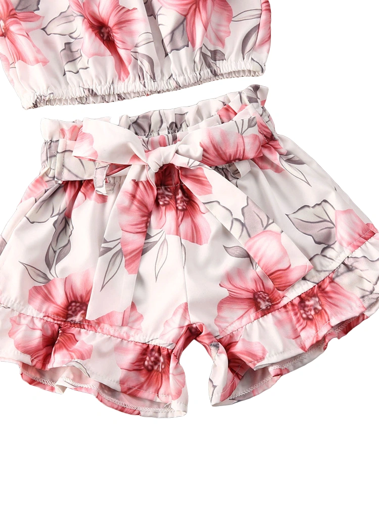 Girls Breeches Suit Off Shoulder Floral Ruffle Top Stretch Shorts Set