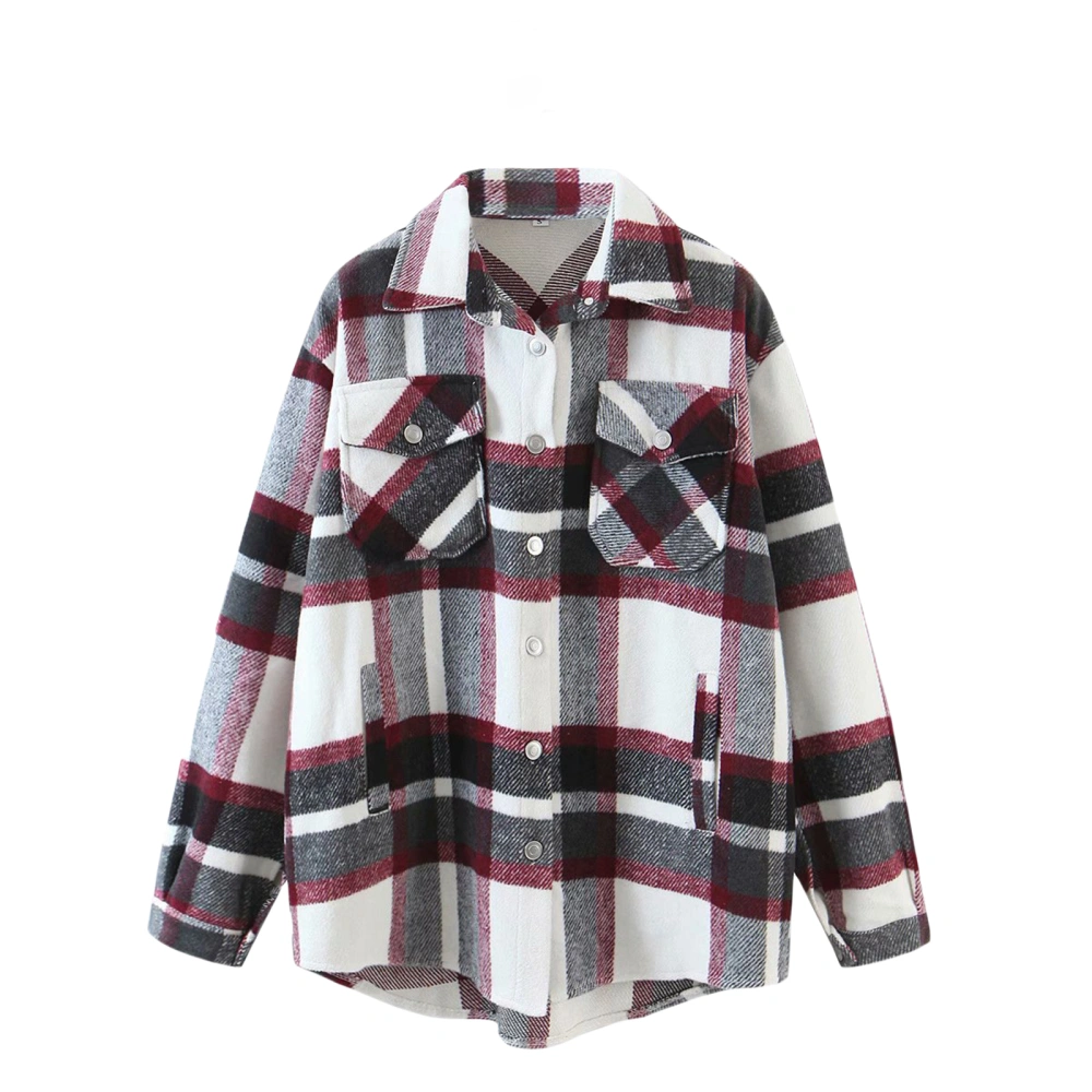 Women Plaid Print Coat, Long Sleeve Button-down Collar Jacket