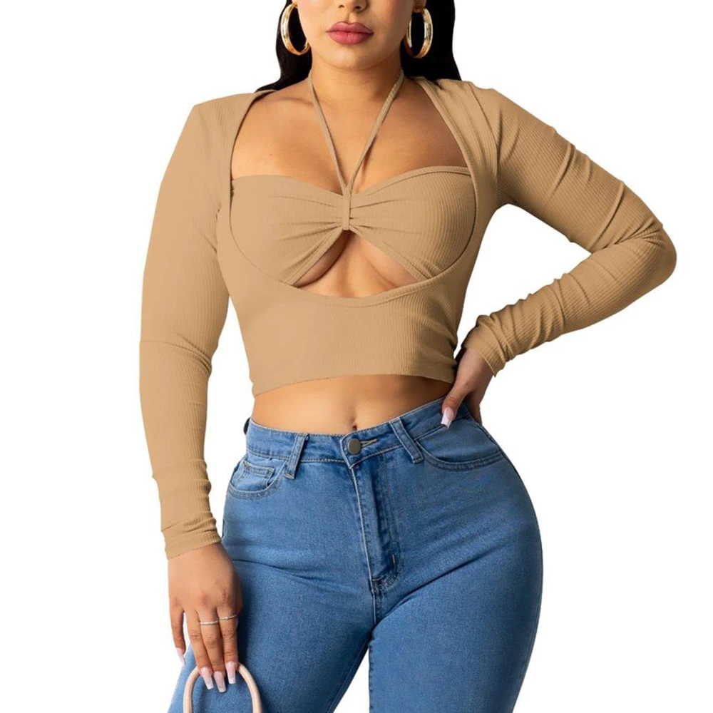 Women’s Solid Color Tie-up Hollow Exposed Navel Long Sleeve T-shirt