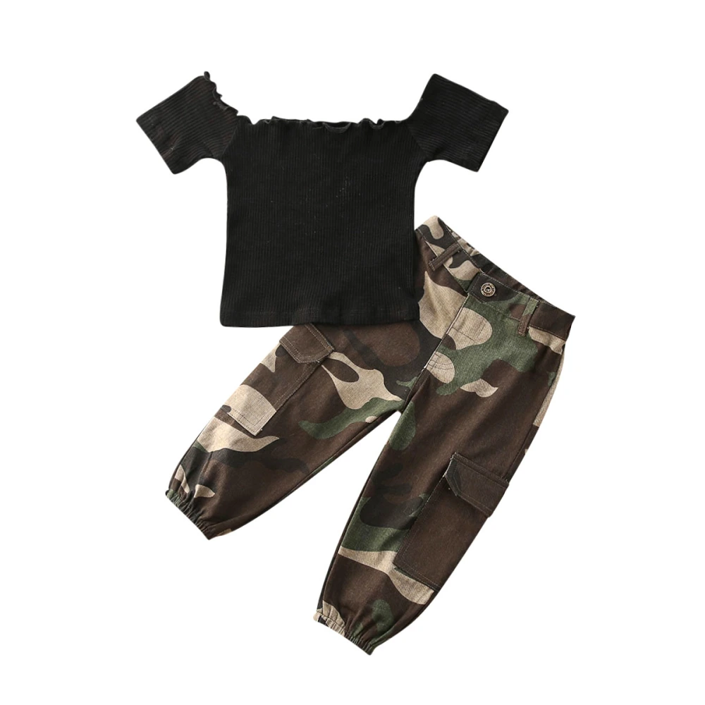 2Pcs Kid Girl Clothes Suit Summer Boat-Neck Tops Camouflage Pants