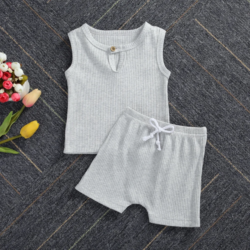 2Pcs Toddler Summer Outfits, Solid-Color Ribbed Tank Top + Elastic-Waist Shorts