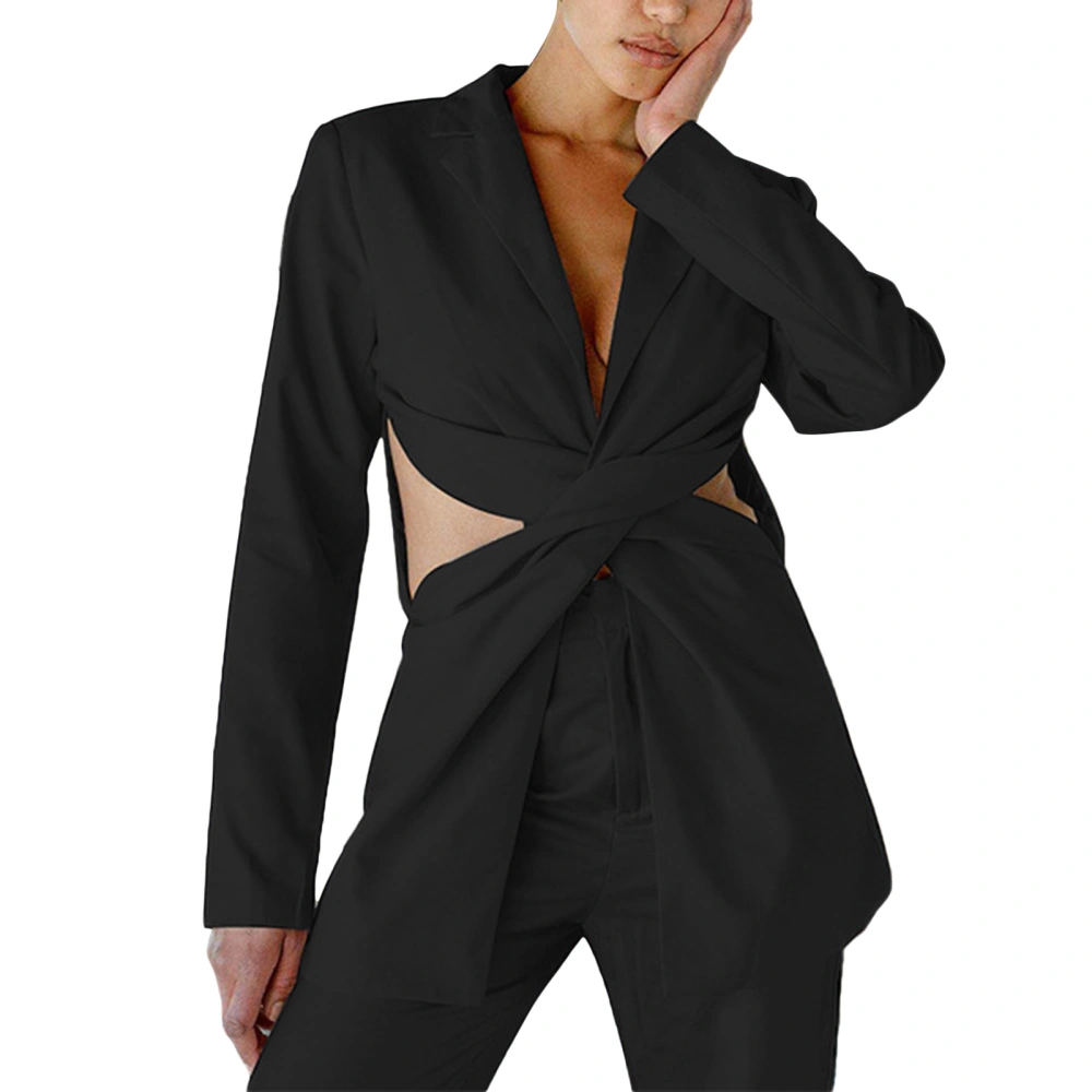 Female Solid Color Turn-Down Collar Long Sleeve Hollow Out Suit Jacket