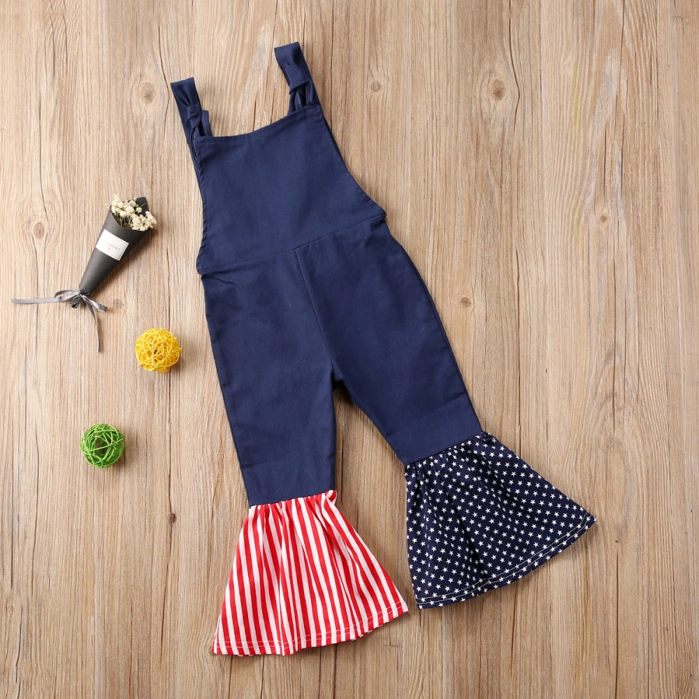 Girls Suspender Strap Jumpsuit, Stripe Stars Print Splice Romper