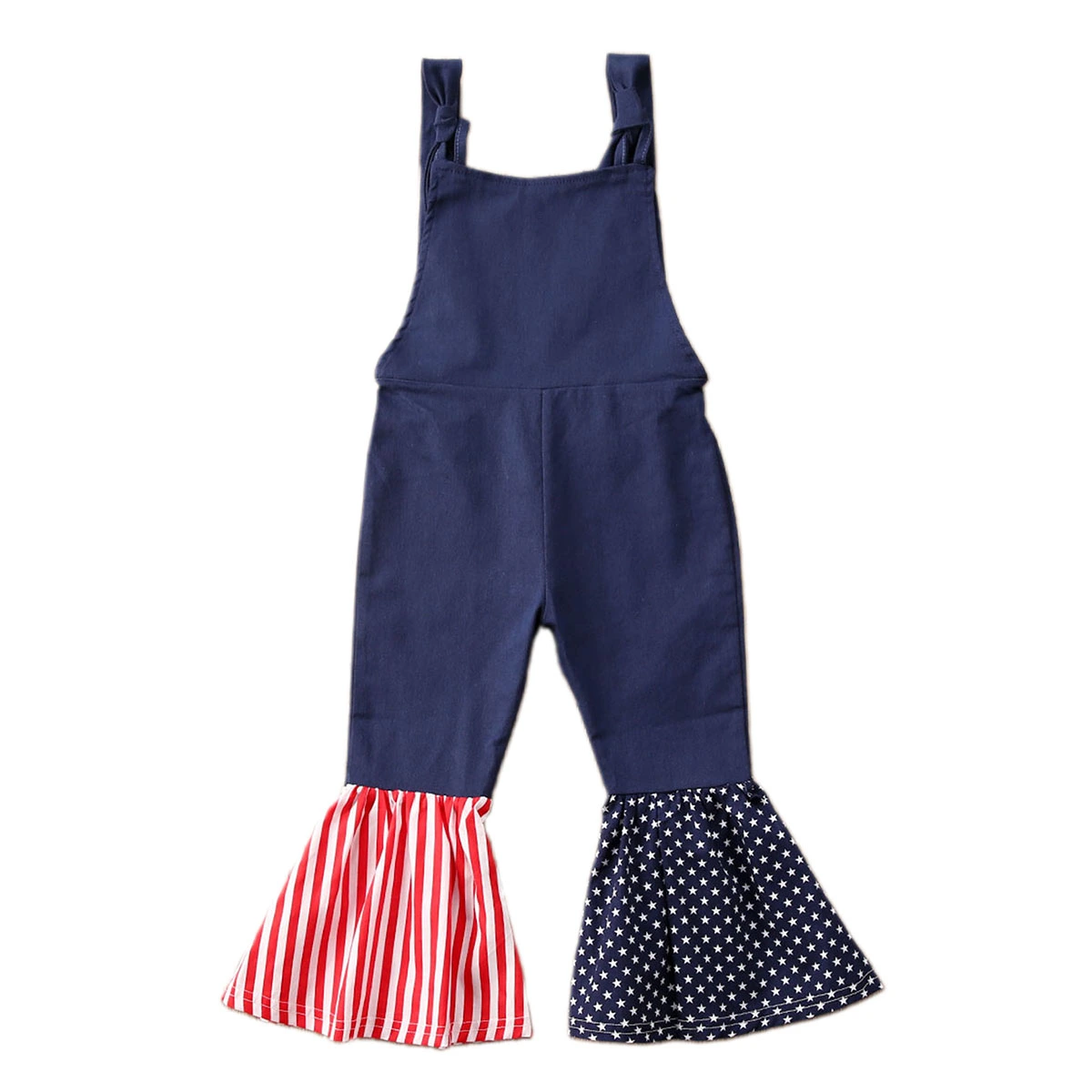 Girls Suspender Strap Jumpsuit, Stripe Stars Print Splice Romper