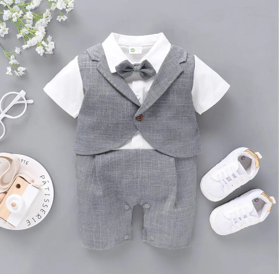 Boy Turn-Down Collar Romper, Stitching Tuxedos Style Bodysuit