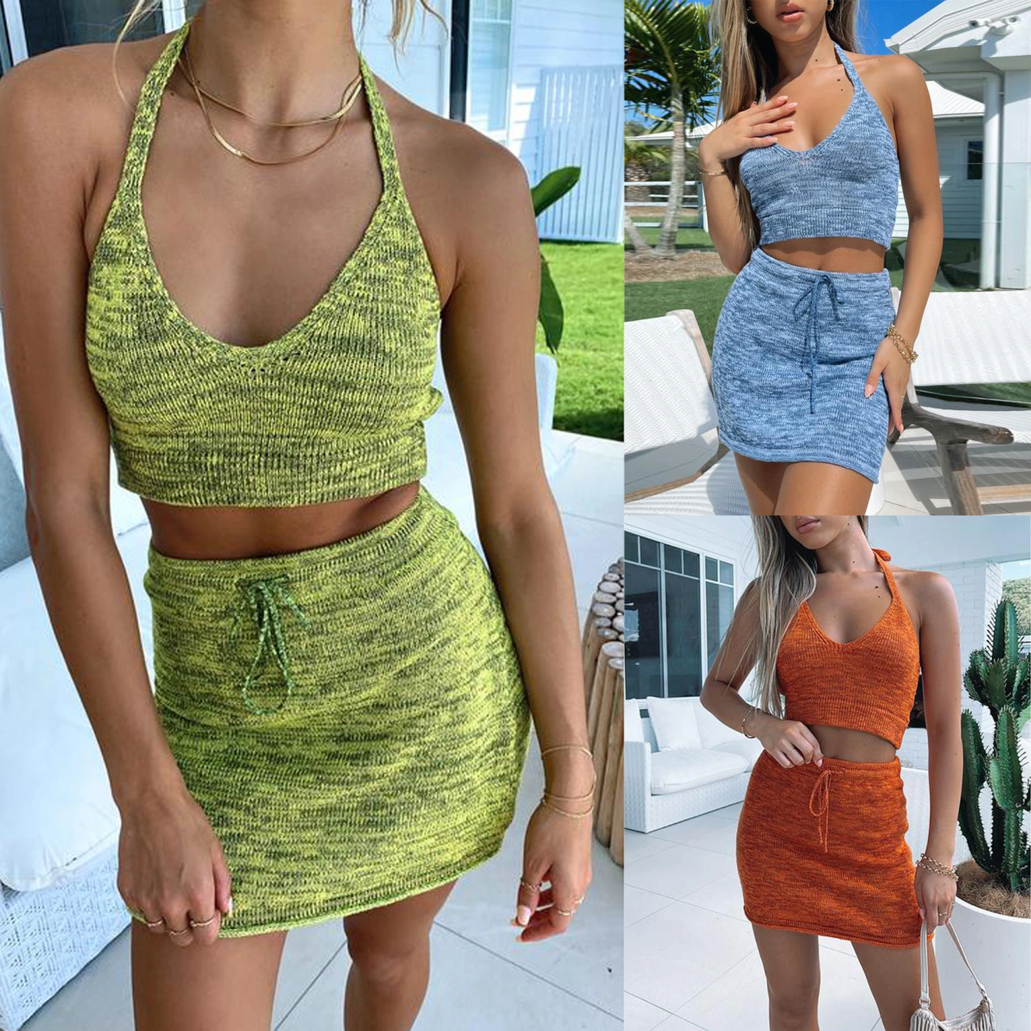 Women’s Solid Color Halter Bandage Tops and Tight Short Skirt Suit