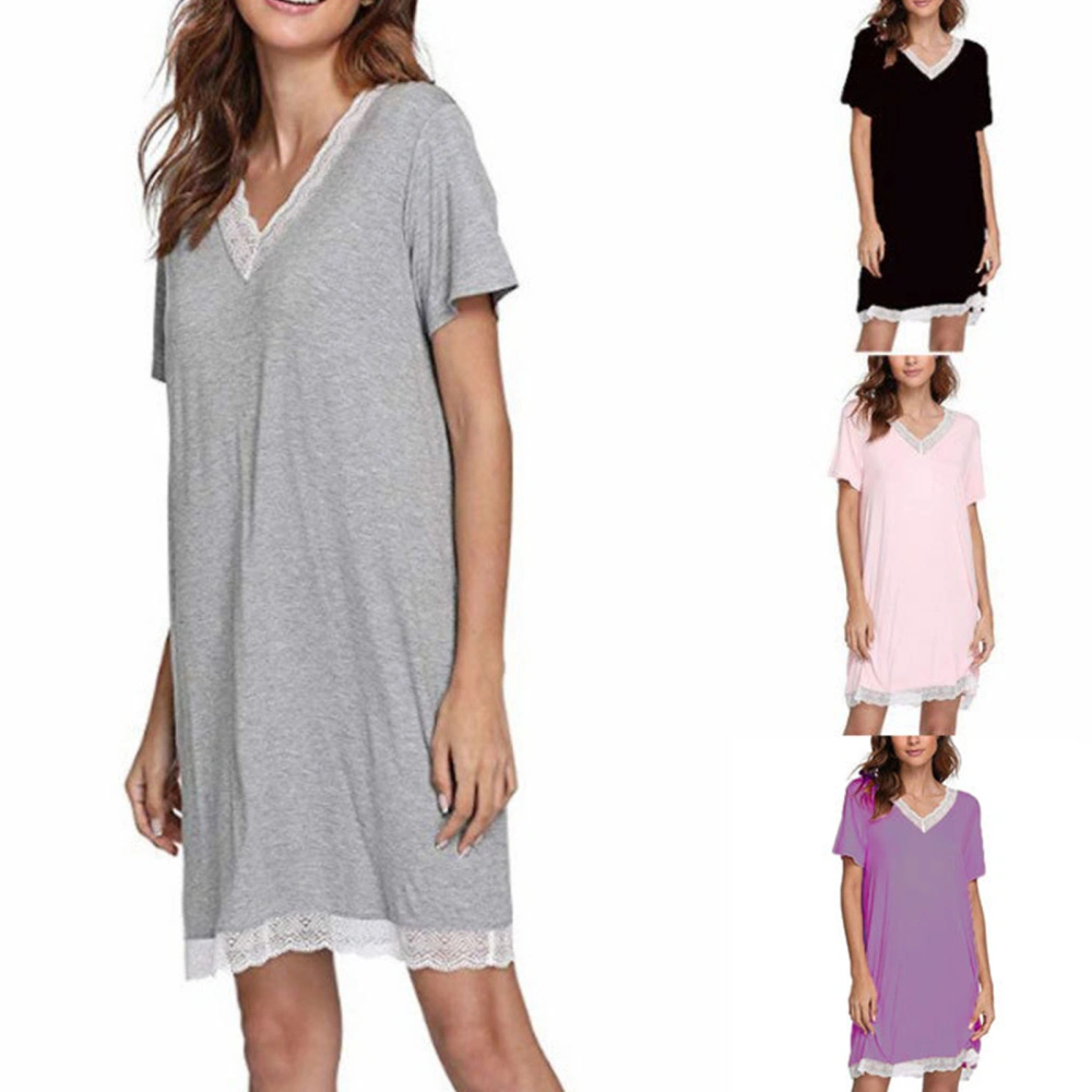 Solid Color Short-sleeved Dress, Casual Loose Lace Sleep Wear