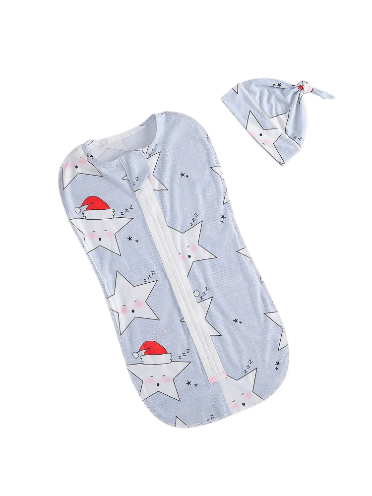 Newborn Baby Sleeping Bags Set Cartoon Zipper Swaddle Wrap + Twist Knot Hat