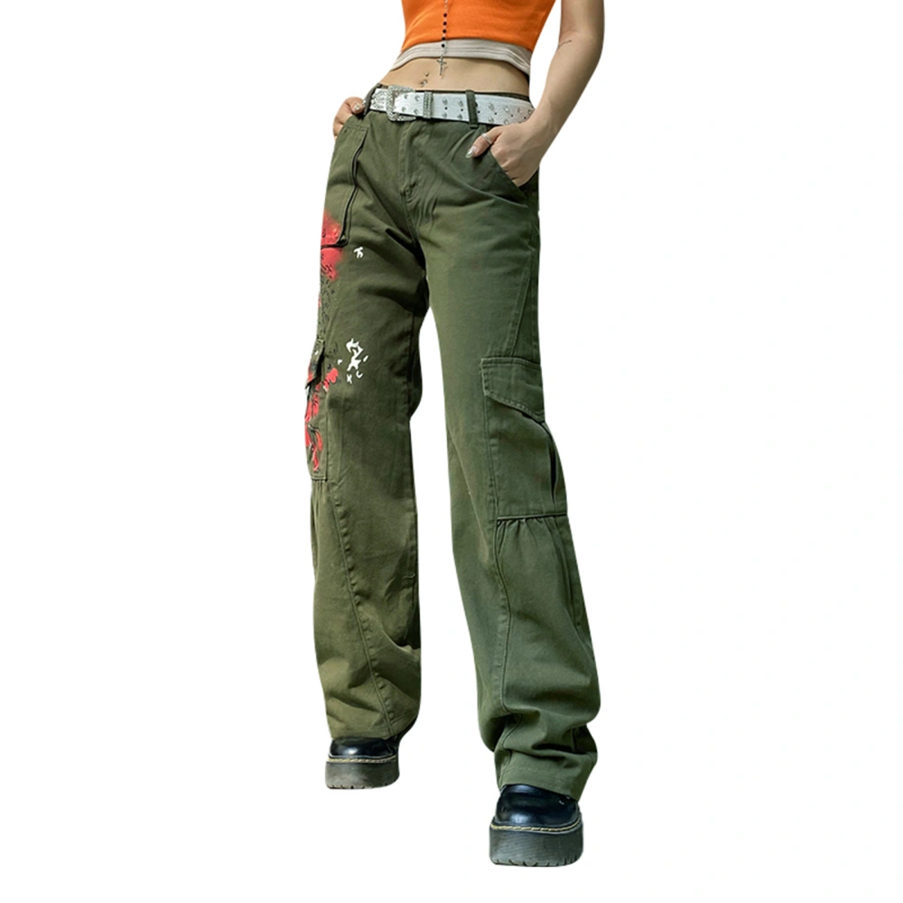 Women Floral Trousers Middle Waist Side Pockets Casual Running Pants