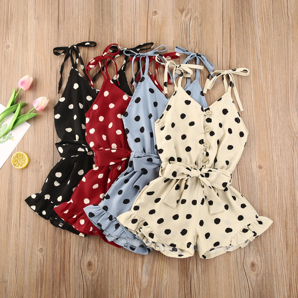 Girls Playsuit with Belt, Polka Dot Romper, Ruffles Strap Jumpsuit