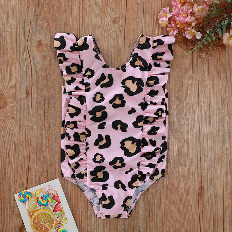 Girls' Swimwear Skin-Friendly Sleeveless Lace Trimmed Leopard Print Swimsuit