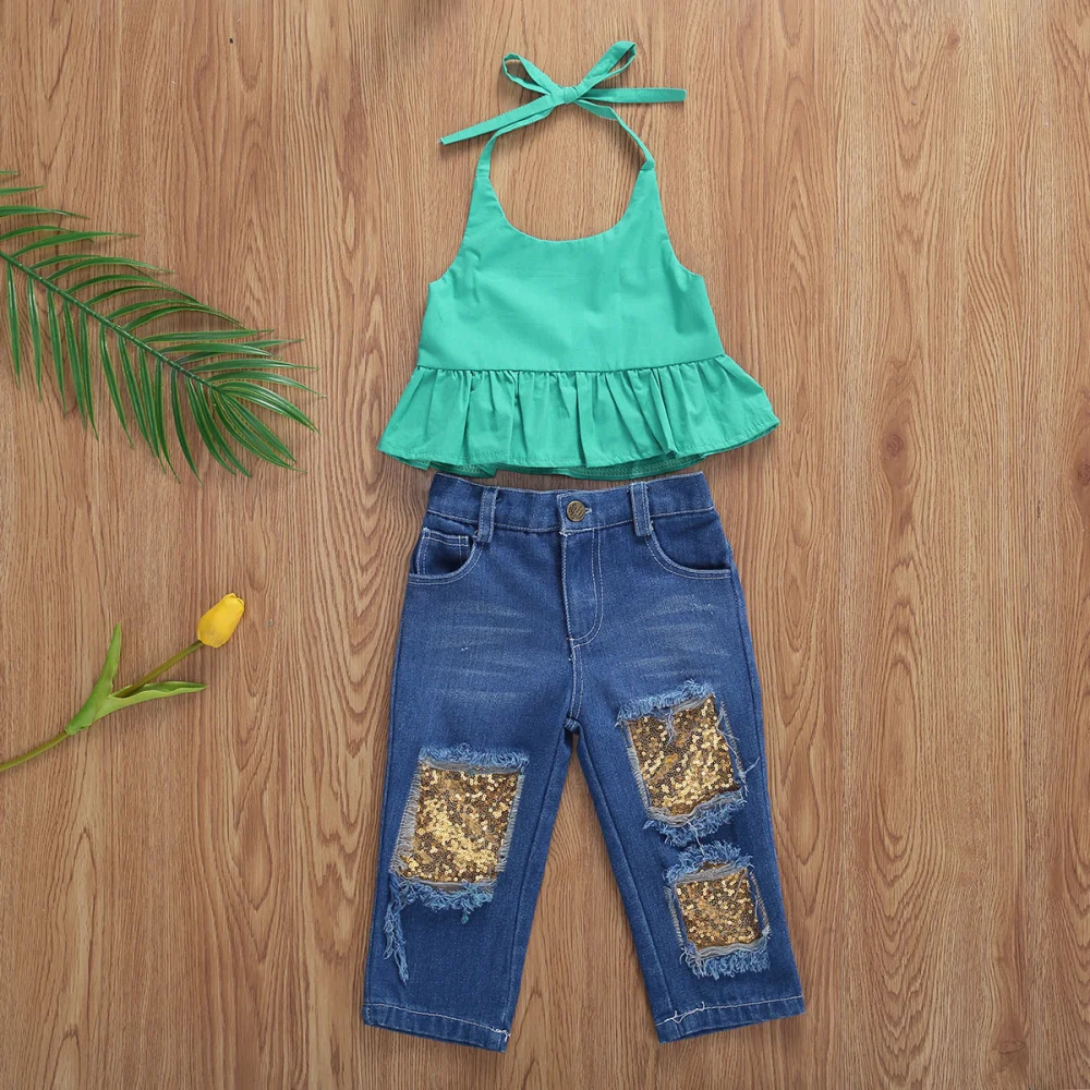 Baby Girl's Green Halter Hanging Neck Ruffle Vest + Sequin Denim Pants