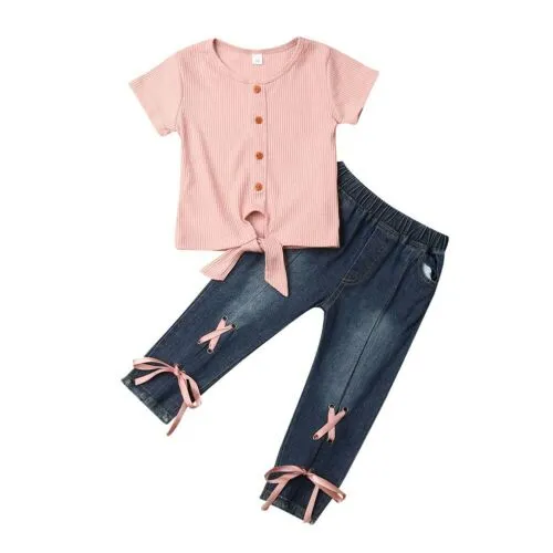 2 Pcs Girl's Suit, Short Sleeve Ribbing Button Knotted T-shirt, Denim Pants