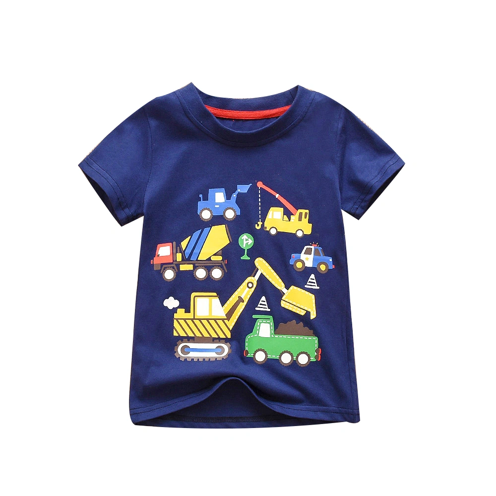 Boy's Dark Blue Short Sleeve Round Neck Cartoon Car Print Tops