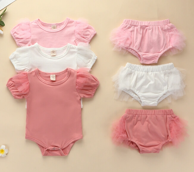 Baby Girl Clothes Solid Color Short-Sleeved Romper + Mesh Tulle Shorts