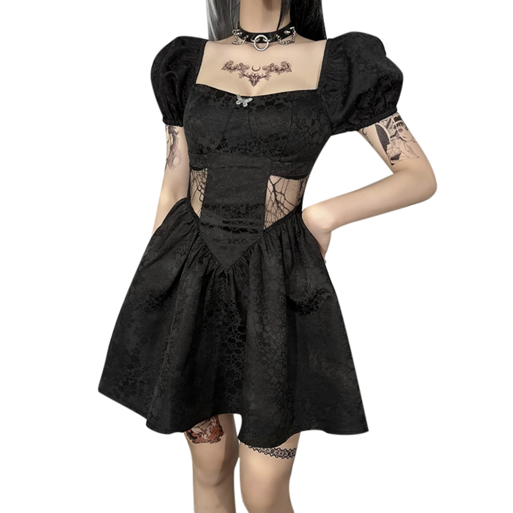 Women's Dress, Puff Short Sleeve Hollow Out Mesh See-Through Dresses