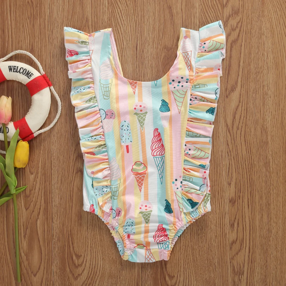 Baby Girl Swimwear One-Piece Ice Cream Stripe Style Sleeveless Swimsuit