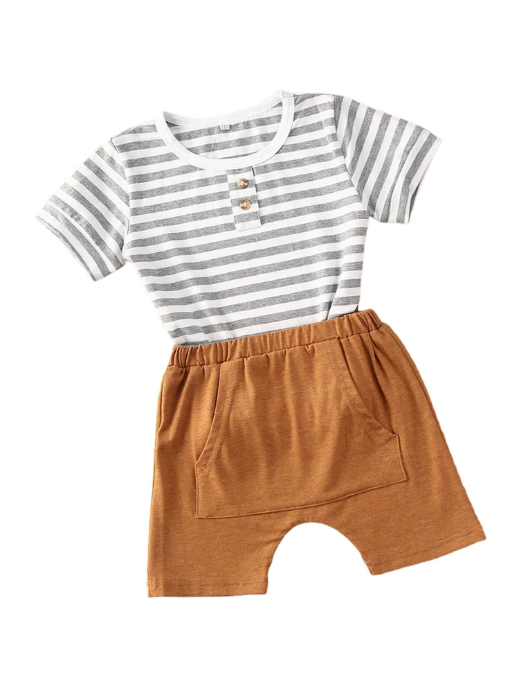 2Pcs Baby Boys Outfits Short Sleeve Striped Print T-Shirt Tops Solid Shorts